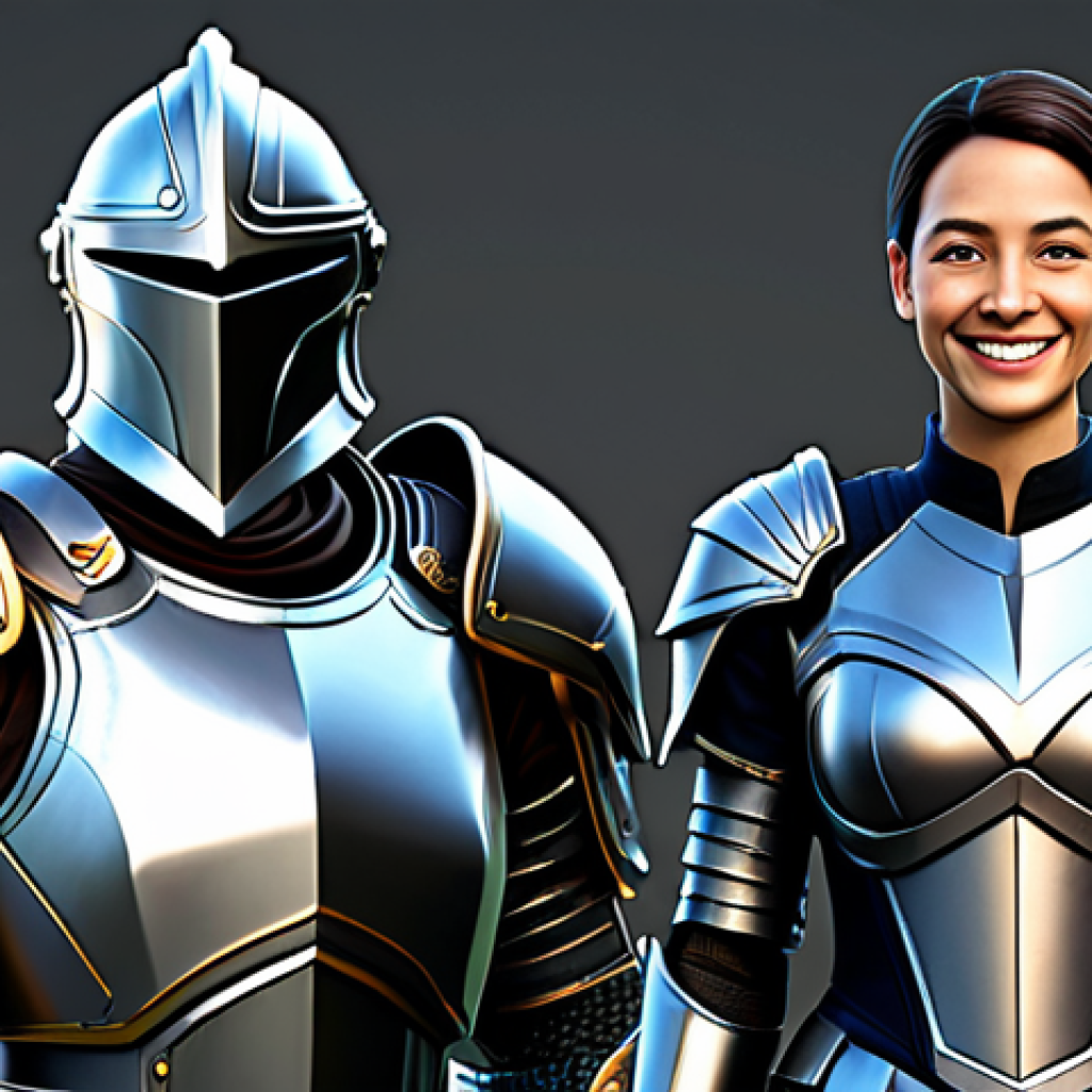 AI-Powered Game Character**

"A fully clothed, professional female game developer, smiling confidently, standing next to a realistic, fully armored knight character with advanced AI behavior, perfect anatomy, correct proportions, modest clothing, appropriate attire, safe for work, professional, family-friendly, digital art, high quality."

**