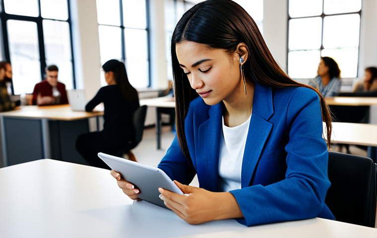 The Empowered Creator**

A young woman with a determined look, wearing stylish, modest clothing, working on a digital tablet in a bright, modern co-working space. Around her, diverse individuals are collaborating on various projects. The scene should convey a sense of creativity, innovation, and empowerment.

*   Keywords: "creative professional", "digital artist", "co-working space", "technology", "collaboration", "empowerment", "safe for work", "appropriate content", "fully clothed", "professional", "perfect anatomy", "natural proportions"

**