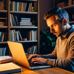 로봇 아티스트와 인간 창작의 차이 - **Prompt:** A blogger at their desk, typing on a laptop in a cozy home office. Bookshelves and warm ...
