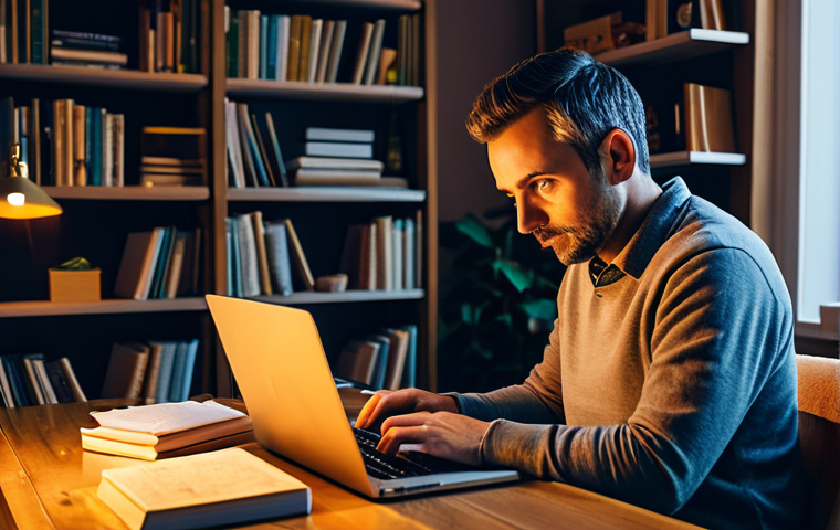 로봇 아티스트와 인간 창작의 차이 - **Prompt:** A blogger at their desk, typing on a laptop in a cozy home office. Bookshelves and warm ...